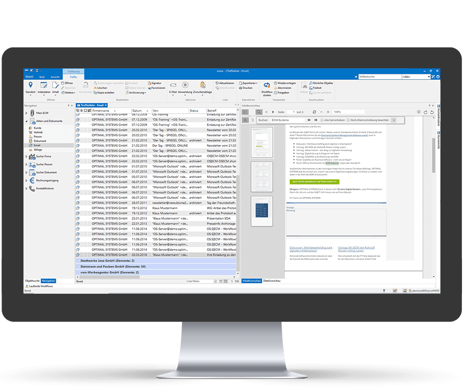 Screenshot enaio® Outlook Integration Trefferliste