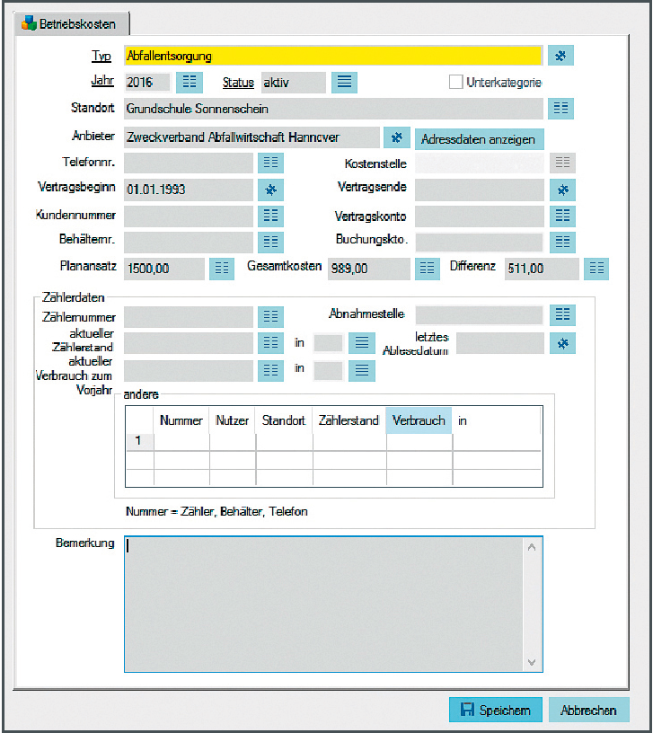 Screenshot enaio Gebäudemanagement Datenmaske Betriebskosten