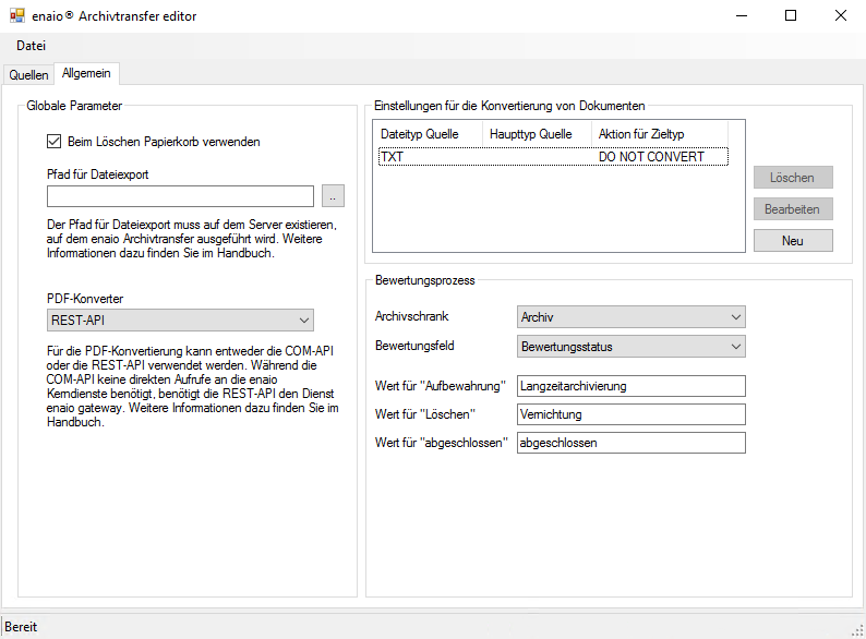 Screenshot Archivtransfer Editor Archivstatus