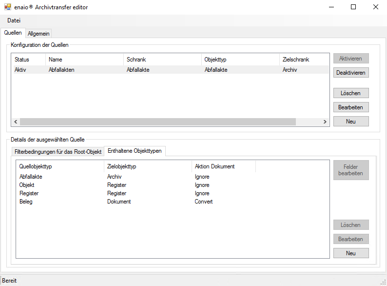 Screenshot Archivtransfer Editor Objekttypen