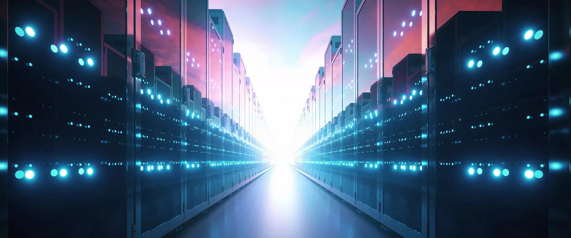 Ein Serverraum mit hellen Lichtern im Hintergrund