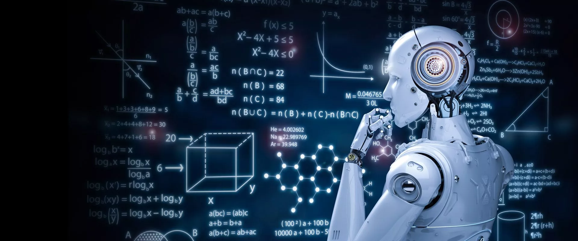 Ein Bild eines Roboters, der Deep Learning mit Mathematik betreibt.