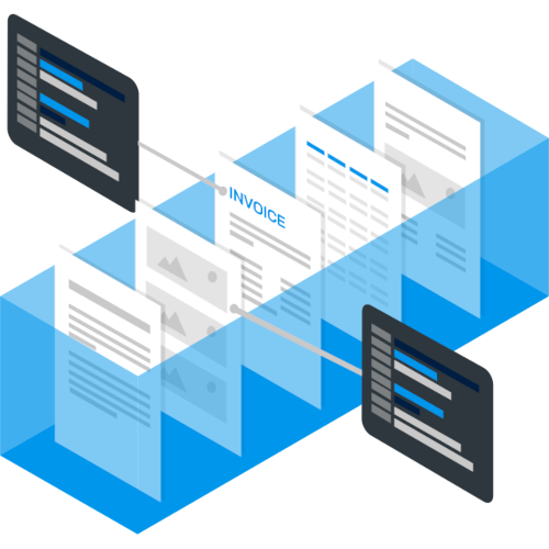 Isometrik: Blaue Box mit verschiedenen Dokumenten, von denen zwei mit Datenflächen