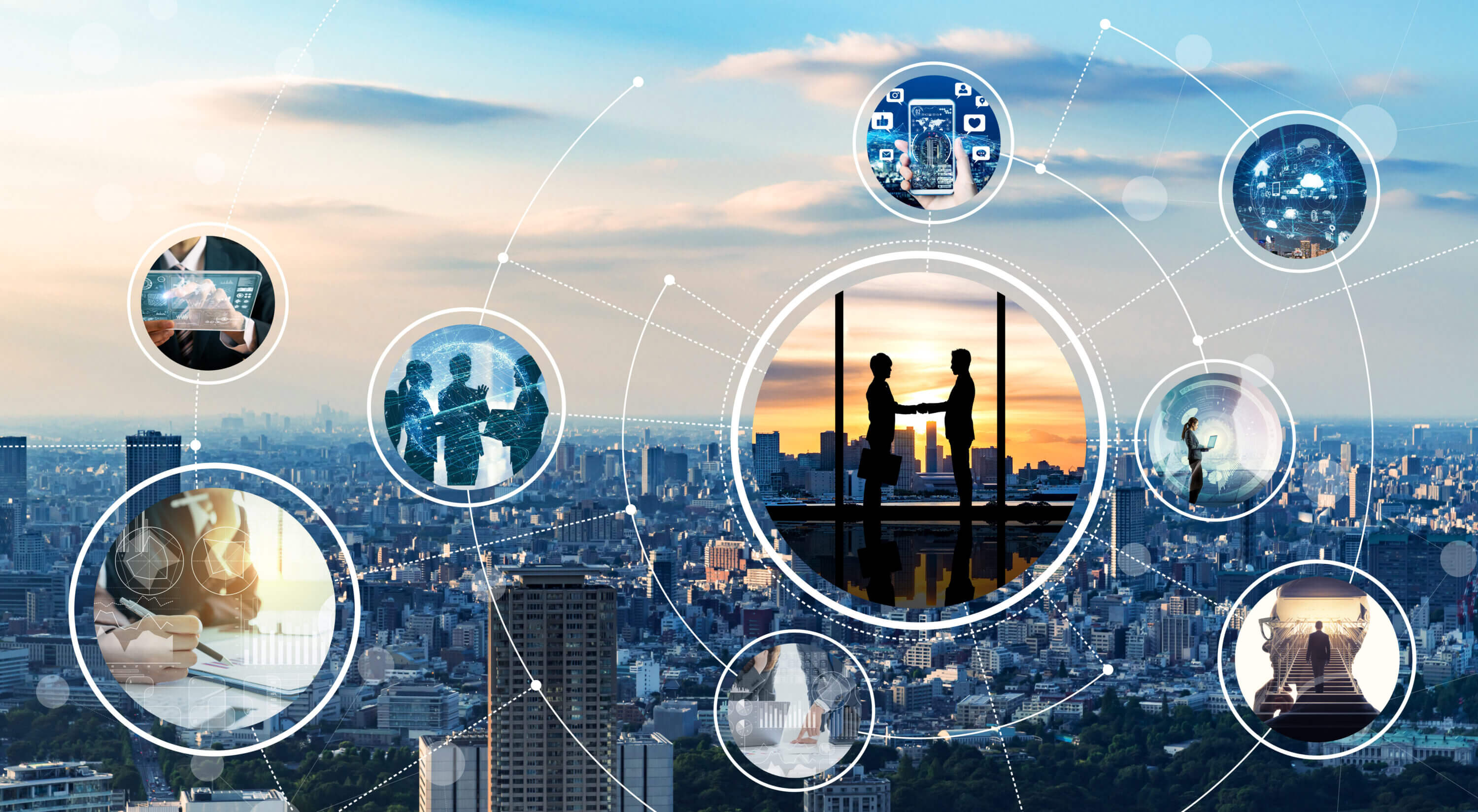 Stadtbild mit integrierten Szenen aus dem Geschäftsumfeld