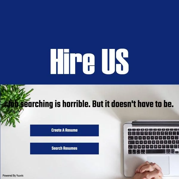 Ein blauer Laptop mit der Aufschrift „hire us“ darauf.