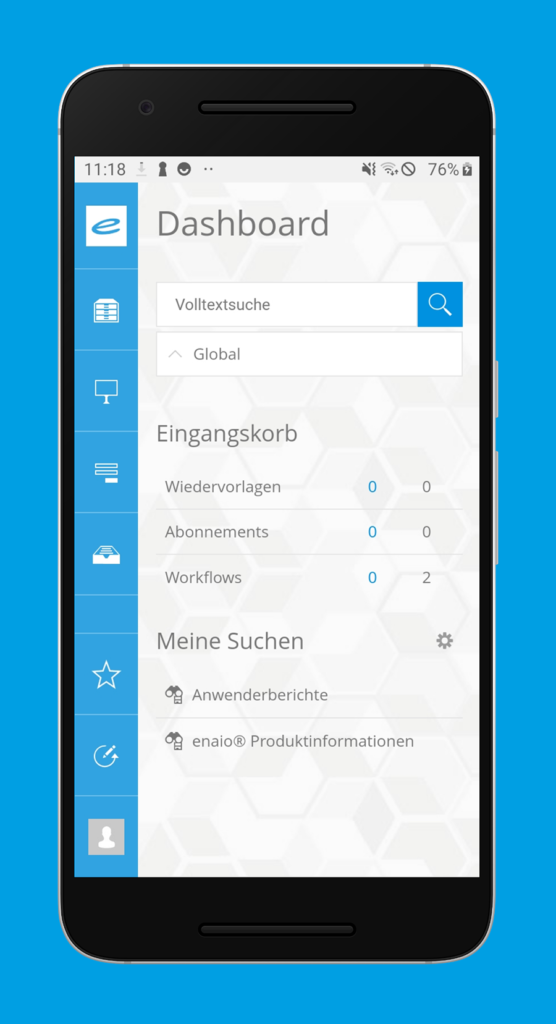 Ein Smartphone mit blauem Bildschirm, auf dem das Mediathek-Dashboard zu sehen ist.