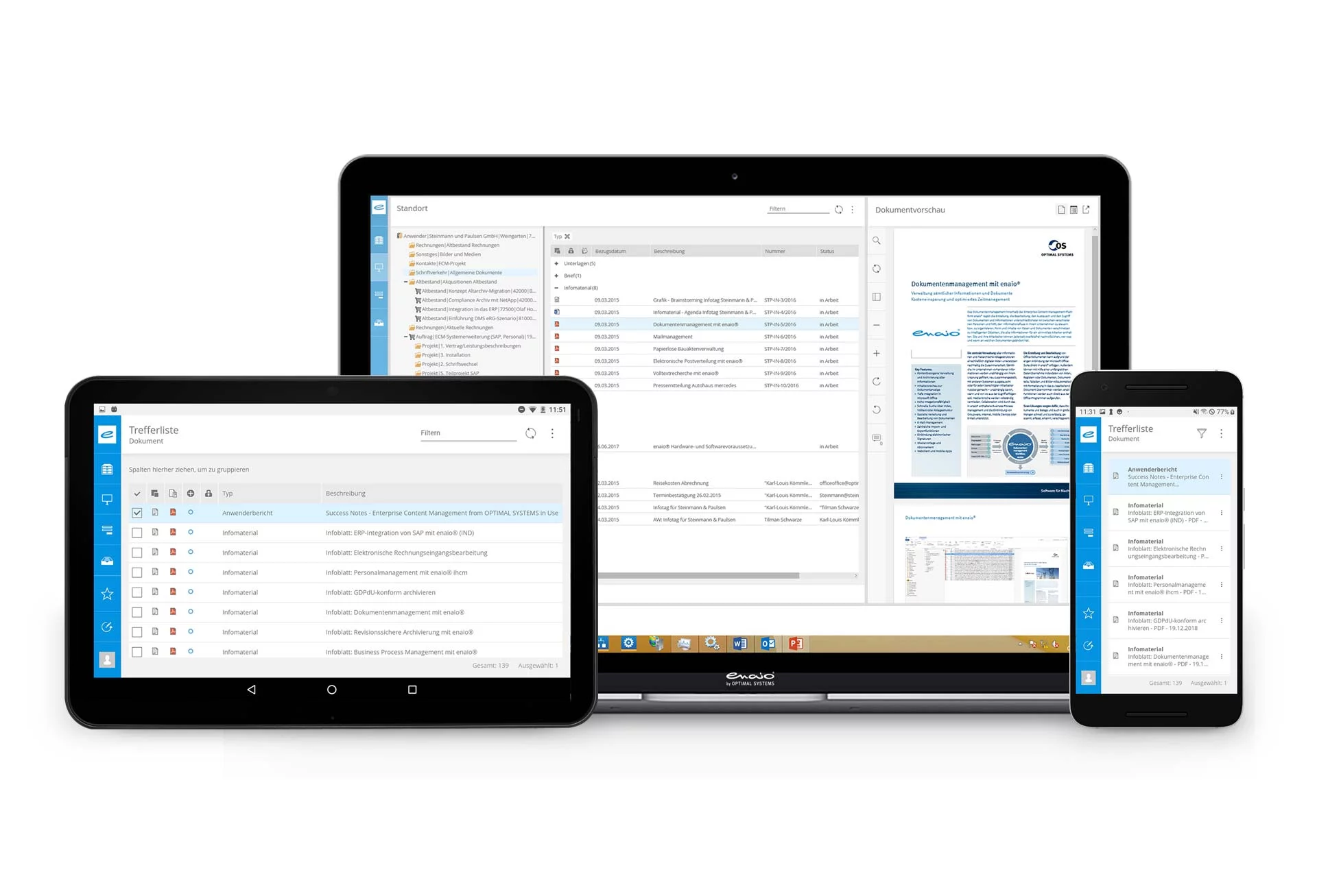 Der enaio® webclient auf einem Laptop, einem Tablet und einem Telefon