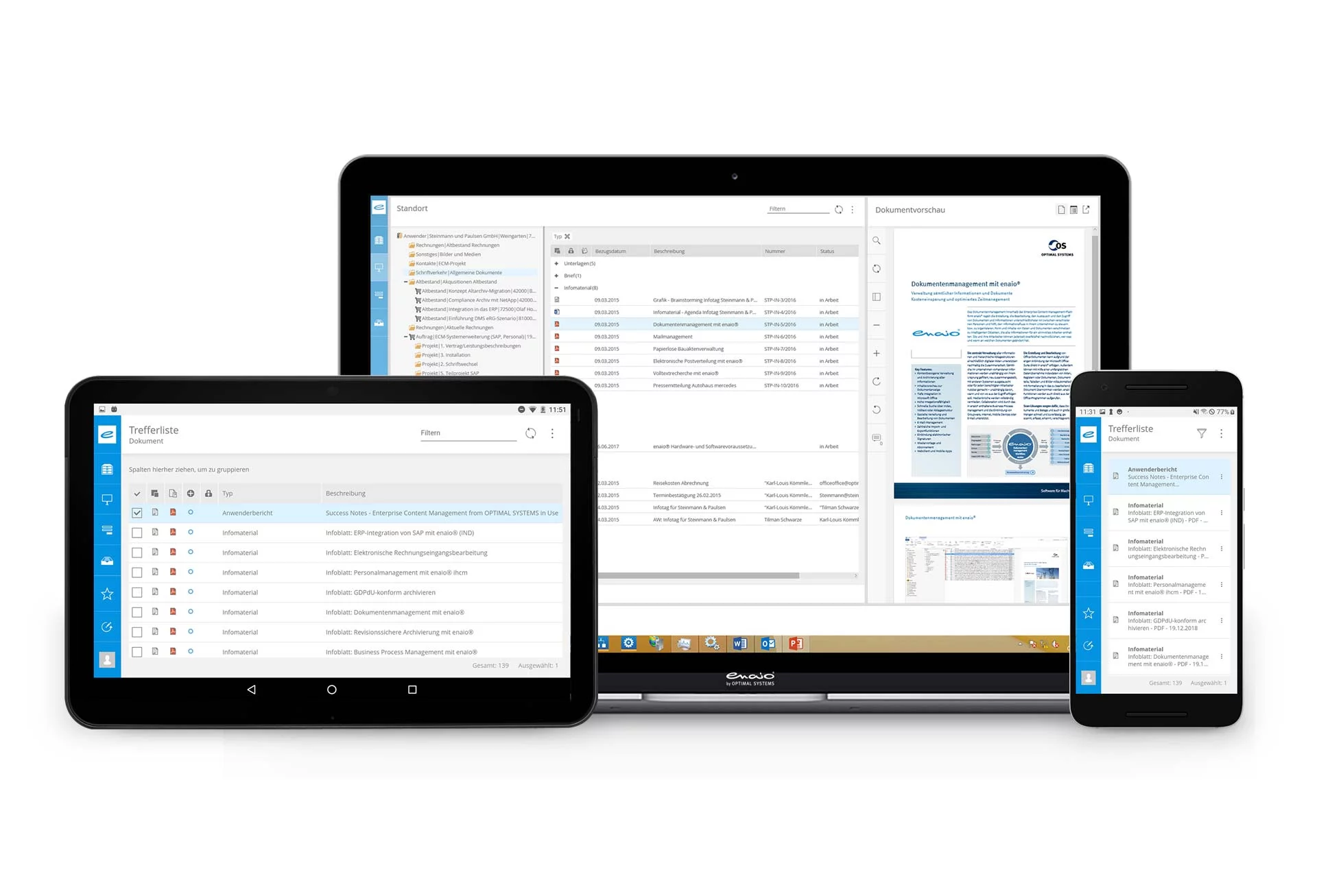 Ein Laptop, ein Tablet und ein Telefon zeigen enaio® auf dem Bildschirm an