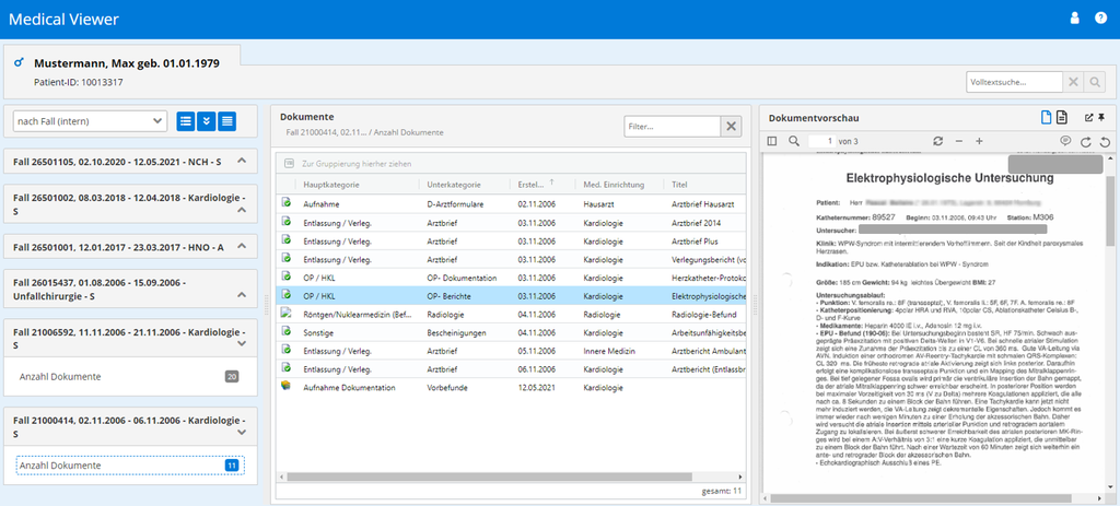 Ein Screenshot eines elektronischen Patientenakte-Viewers auf einem Computer.
