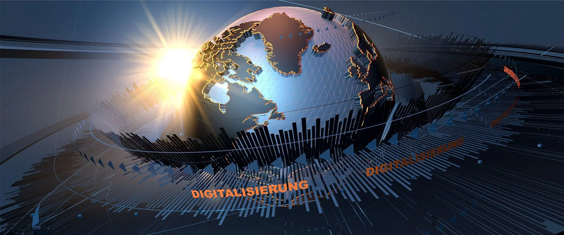 Stilisierter Globus mit dem Wort Digitalisierung, das sich um ihn dreht
