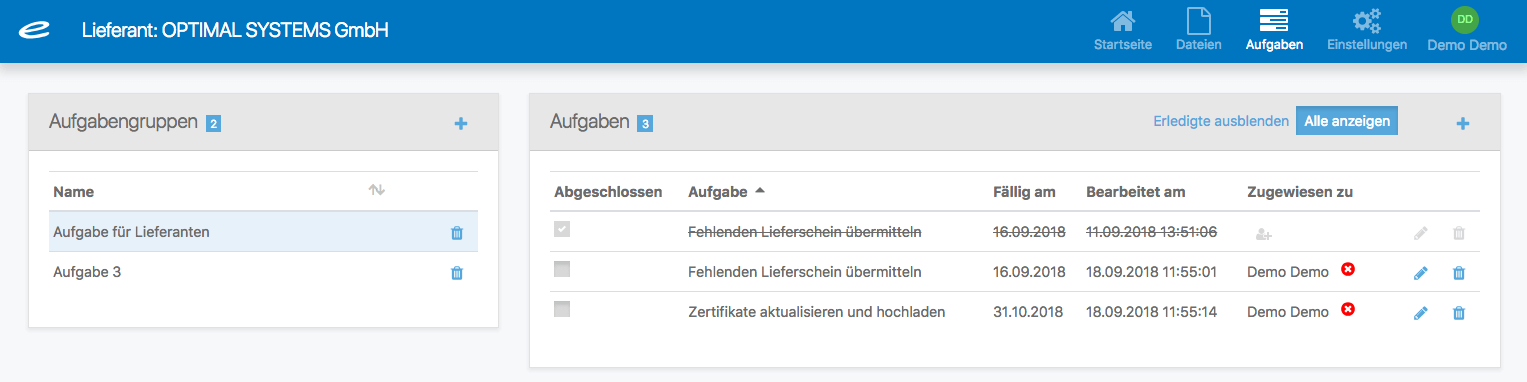 enaio Aufgabengruppen und Aufgaben Screenshot