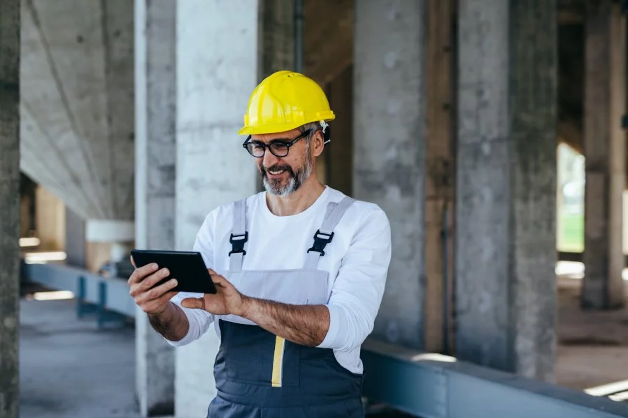 Ein Bauarbeiter, der auf einer Baustelle mit einem Tablet Digitalisierung betreibt.