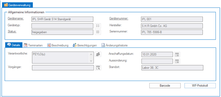Ein Screenshot eines Bildschirms mit den Einstellungen für ein Geräte- und Prüfmittel-Management-Benutzerkonto.