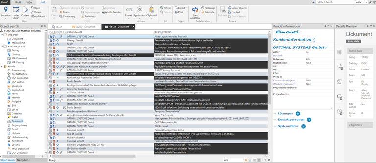 Screenshot of hit list and detailed preview of a document in enaio®
