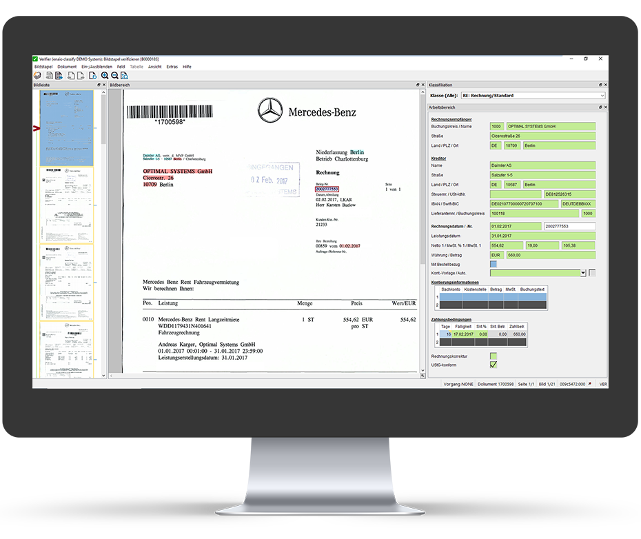         A computer screen displaying a document classified as a mercedes benz invoice.