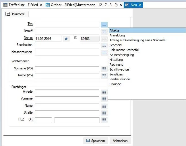 Ein Screenshot eines Friedhofsverwaltungsbildschirms mit einer Reihe von Optionen.