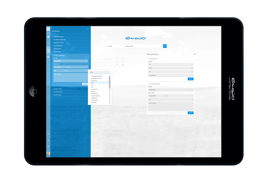 Tablet interface displaying the enaio document management system with search options for documents and customer information.