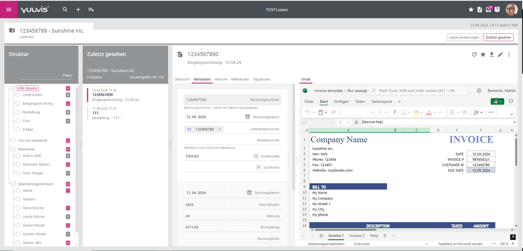 Screenshot of the user interface of a business software on which various modules such as Phone calls and User statistics are displayed with an open invoice window.