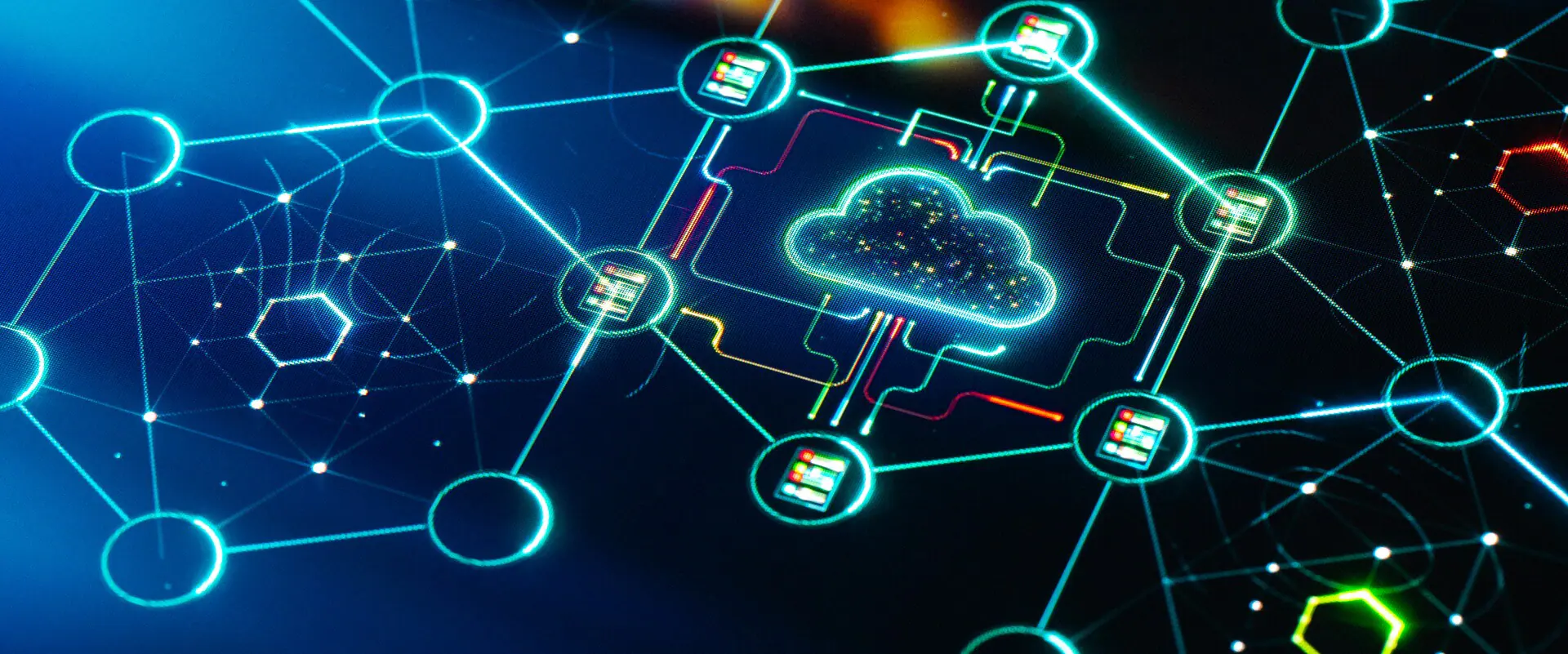 Ein Netzwerkdiagramm mit miteinander verbundenen Knoten und einem zentralen Wolkensymbol