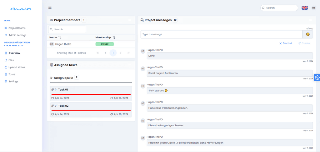 Screenshot: Übersicht über Projekträume in enaio® coLab