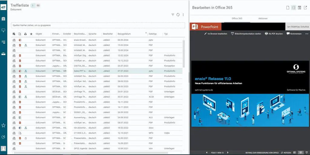 Links wird eine Dokumentenverwaltungsoberfläche angezeigt. Rechts wird eine PowerPoint-Folie „enaio Release 10.0“ von OS in Office 365 angezeigt.