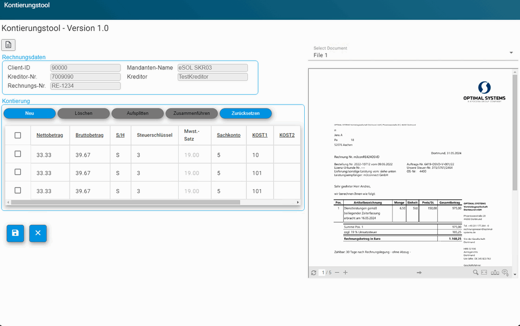 Es wird eine Computeroberfläche für ein Tool mit der Bezeichnung „Kontierungstool - Version 1.0“ angezeigt.