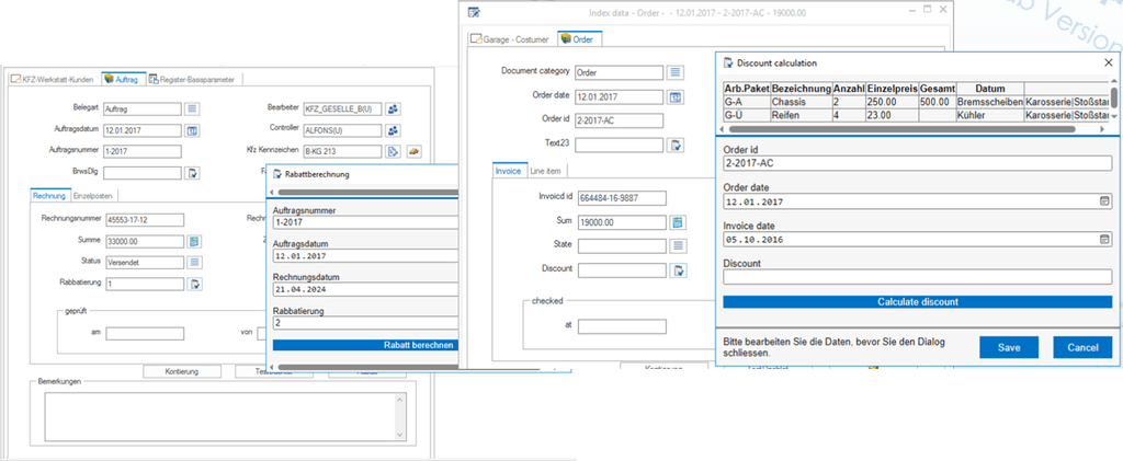 Screenshot von zwei Softwareformularen.