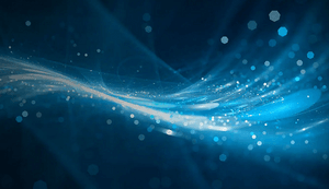 Abstraktes Bild aus wirbelnden blauen und weißen Lichtwellen, leuchtenden Punkten und verstreuten Sechsecken auf dunklem Hintergrund, die einen dynamischen, ätherischen Effekt erzeugen.