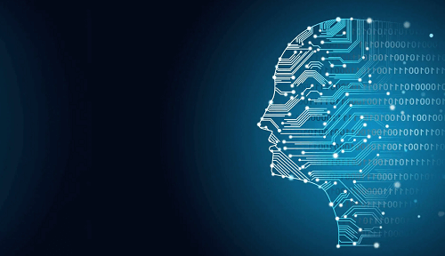 Silhouette eines menschlichen Kopfes aus Leiterplattenmustern und Binärcode auf dunkelblauem Hintergrund, symbolisiert künstliche Intelligenz und digitale Technologie.