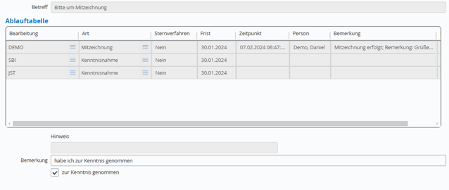 Eine Softwareschnittstelle, die eine Zeitplantabelle mit Einträgen für verschiedene Aufgaben anzeigt. Zu den Spalten gehören „Bearbeitung“, „Kunst“, „Stimmverfahren“, „Frist“, „Zeitpunkt“, „Person“ und „Bemerkung“. Unterhalb der Tabelle befindet sich ein Abschnitt mit Notizen und Danksagungen.