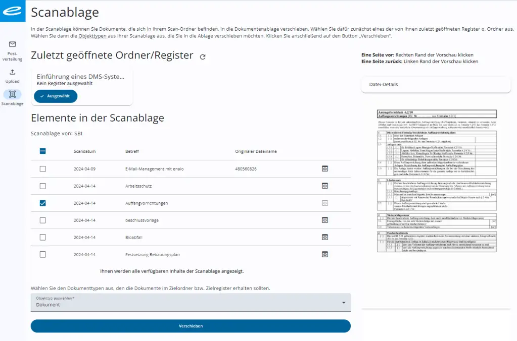 Screenshot einer Dokumentenmanagementsystem-Oberfläche, die zuletzt geöffnete Ordner oder Register zeigt. Es werden verschiedene Dateien mit Kontrollkästchen aufgelistet, darunter Titel wie „Arbeitsauftrag“ und „Aufstellungsliste“. Optionen zum Verschieben von Dateien oder Wechseln von Registerkarten sind sichtbar.