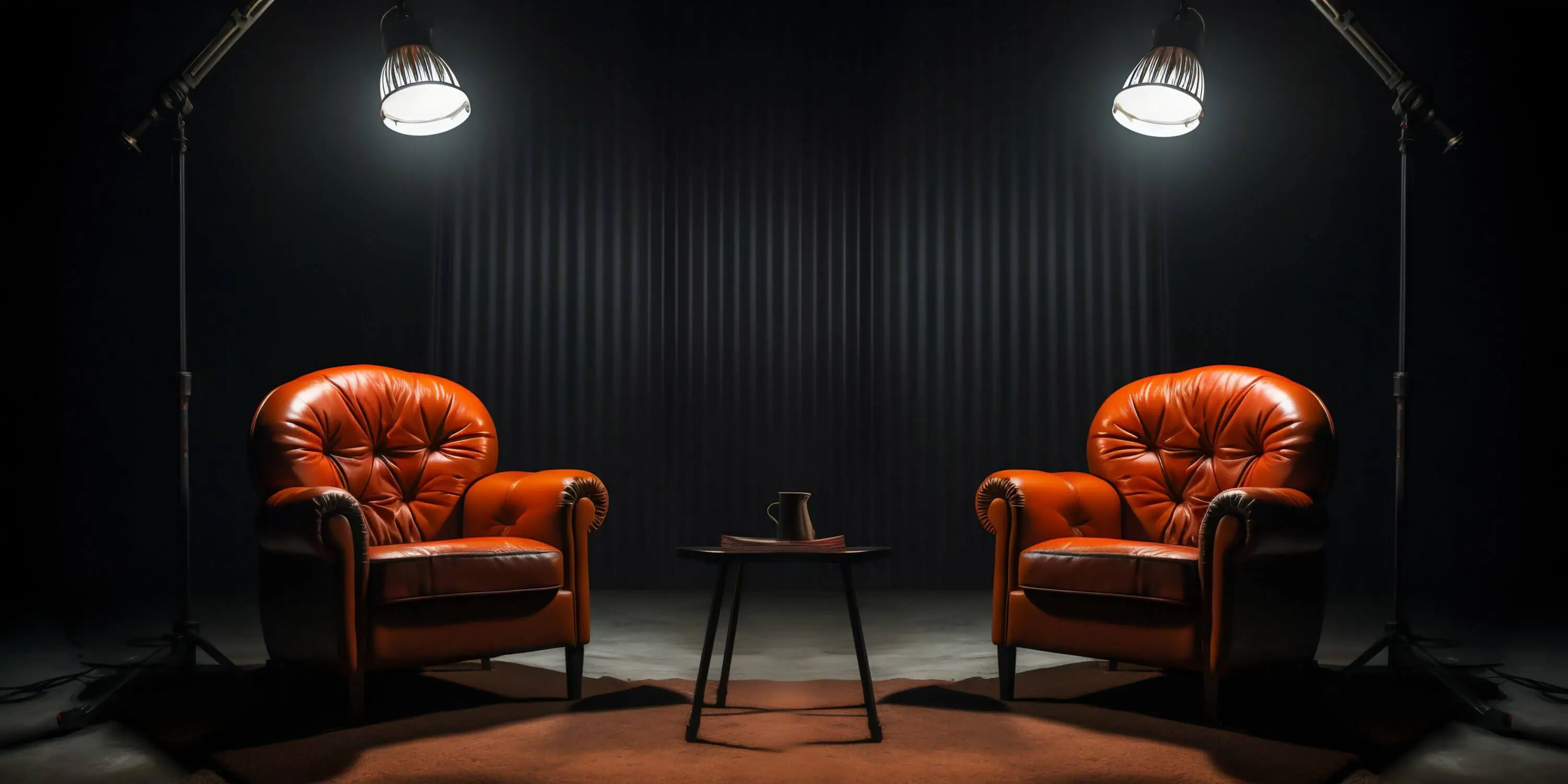 Zwei plüschige, orangefarbene Ledersessel stehen einander gegenüber und stehen in einem schwach beleuchteten Raum unter Deckenlampen. Auf einem kleinen, schwarzen, runden Tisch zwischen den Stühlen stehen eine Tasse und ein Buch. Der dunkle, vertikal gestreifte Hintergrund schafft eine gemütliche, intime Atmosphäre.