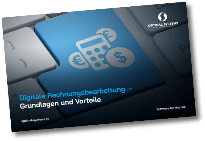 Das Bild zeigt einen Werbebanner für „Digitale Rechnungsbearbeitung – Grundlagen und Vorteile“ von OPTIMAL SYSTEMS. Es enthält ein blaues Taschenrechner-Symbol mit Währungssymbolen und der Website optimal-systems.de in der unteren linken Ecke.