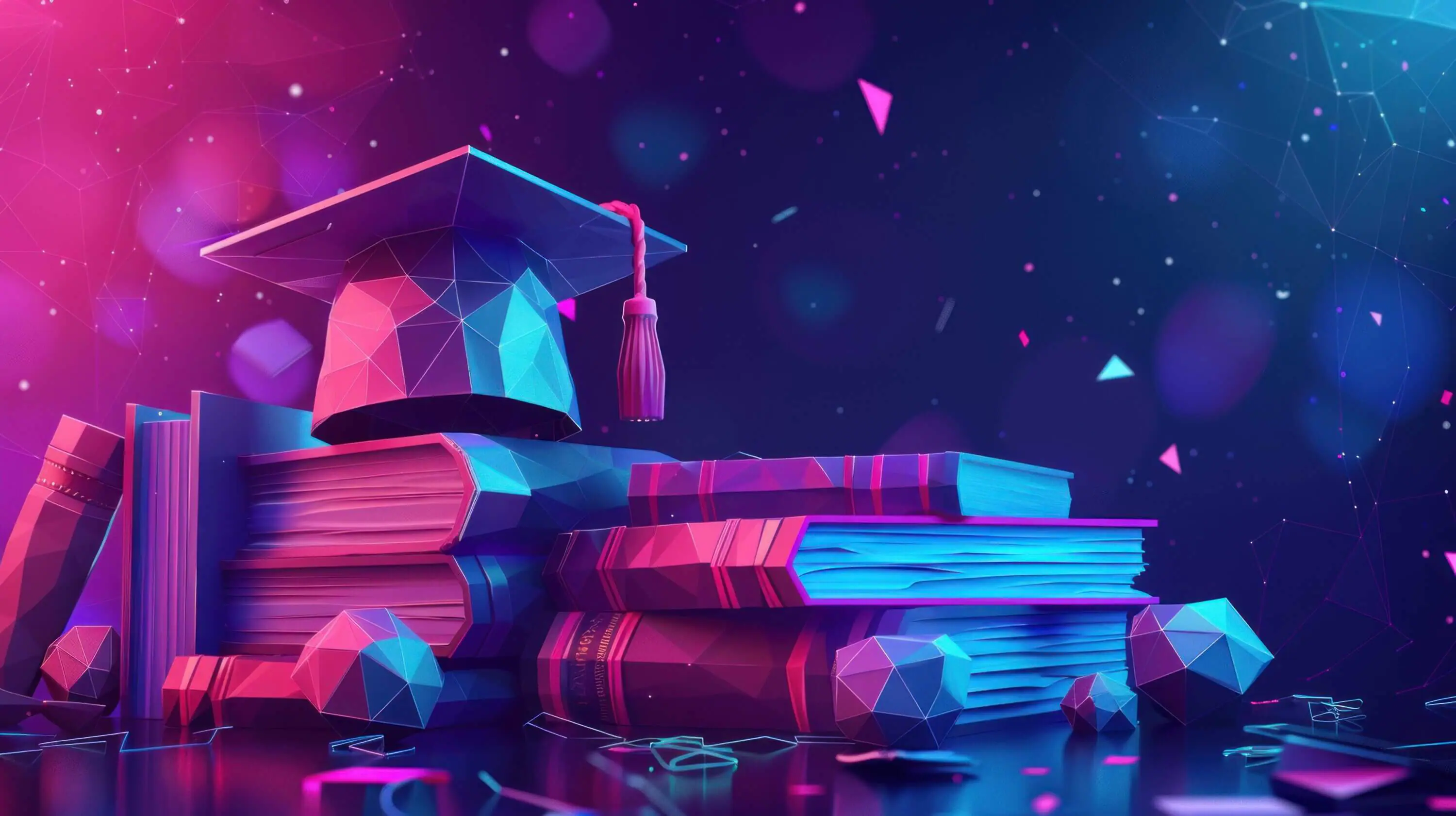 Eine Low-Poly-Digitalillustration eines Bücherstapels mit einer Abschlusskappe oben drauf. Die Szene ist in Rosa-, Lila- und Blautönen gehalten, mit geometrischen Formen und Lichteffekten im Hintergrund, die eine futuristische Atmosphäre erzeugen.