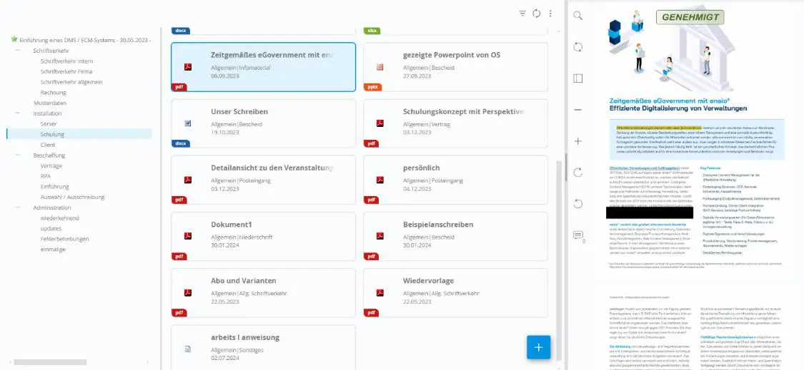 Ein geteiltes Bildschirmbild, das links eine Softwareschnittstelle mit einer Liste digitaler Dateien und Ordner zeigt. Rechts ein Dokument mit Text und einer Illustration, die Menschen zeigt, die mit digitaler Technologie interagieren.