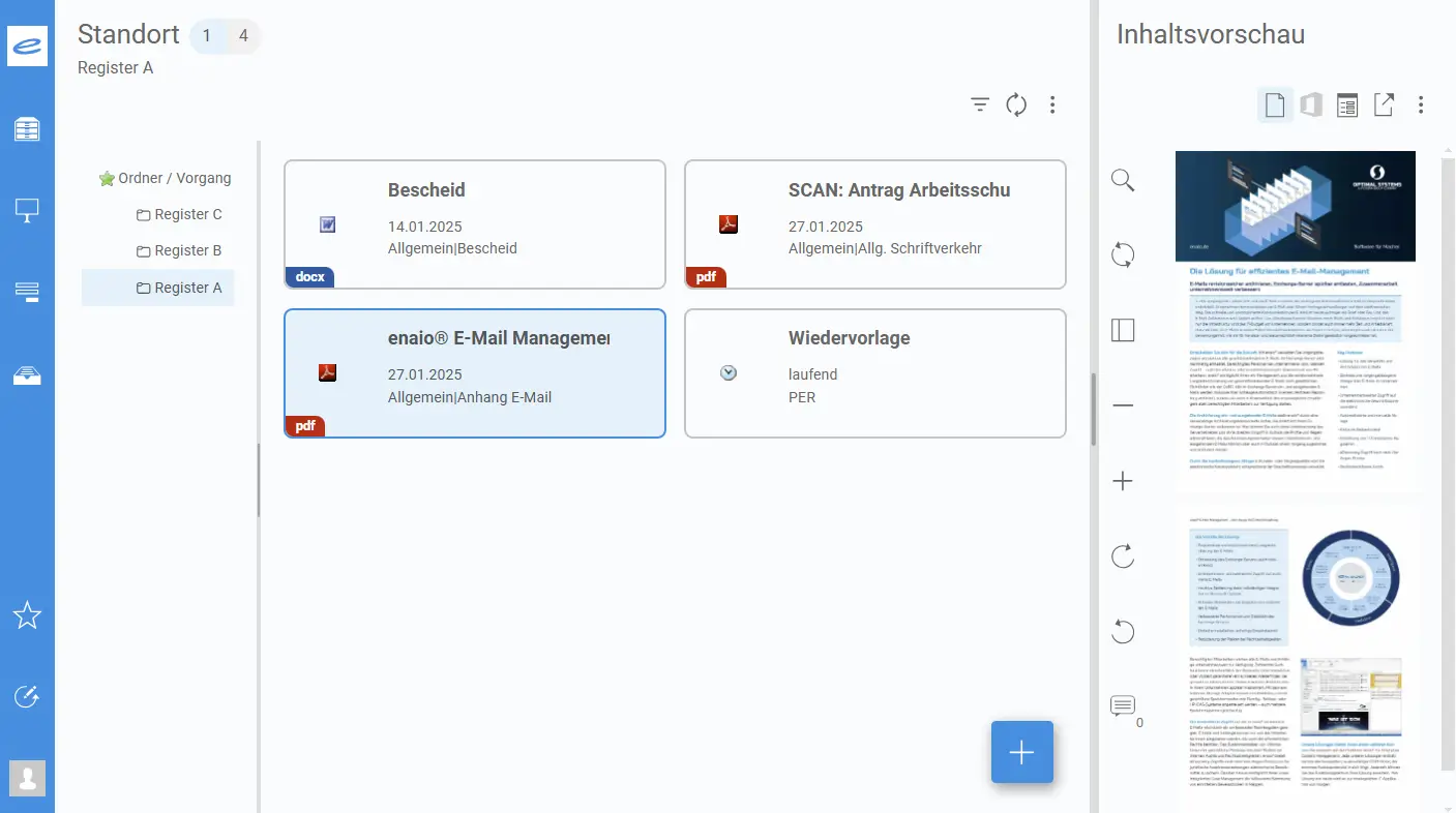 Screenshot einer Softwareoberfläche mit einem Hauptfenster mit vier beschrifteten Abschnitten: „Bescheid“, „enaio E-Mail-Verwaltung“, „SCAN: Antrag Arbeitsschu“ und „Wiedervorlage“. Das Seitenfenster enthält Registerkarten und Symbole für Navigation und Einstellungen.
