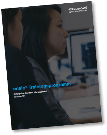 Enaio Trainingsprogramm Enterprise Content Management V11 Zwei Kollegen an Computern im Hintergrund. enaio by OPTIMAL SYSTEMS-Logo oben rechts.