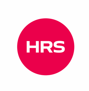 Ein durchgehender roter Kreis mit weißen "HRS"-Schriftzügen in der Mitte auf einem schlichten weißen Hintergrund.
