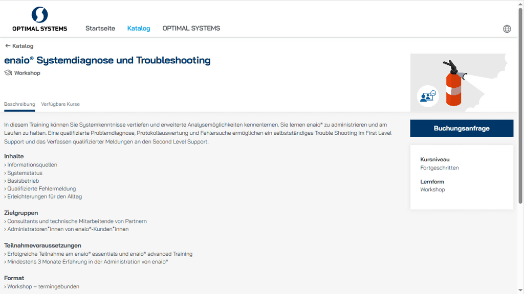 Workshop „enaio® Systemdiagnose & Fehlerbehebung“: Kursdetails, Zielgruppe, Voraussetzungen. Jetzt buchen auf der Website von OPTIMAL SYSTEMS.
