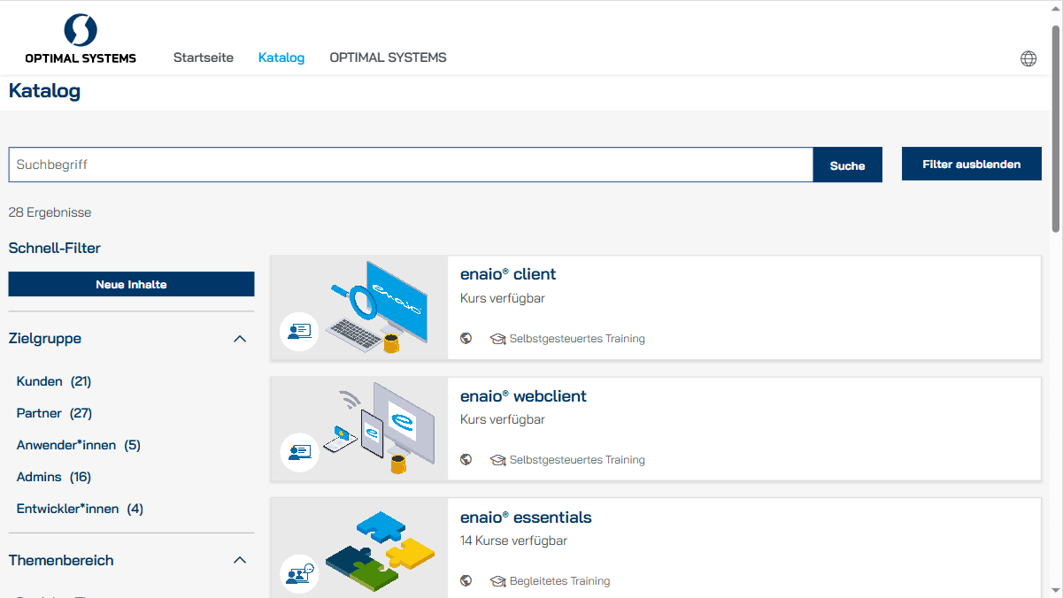 Screenshot des Schulungskatalogs von OPTIMAL SYSTEMS mit Suchleiste, Filtern und Kursliste mit Titeln wie „enaio client“ und „enaio webclient“.