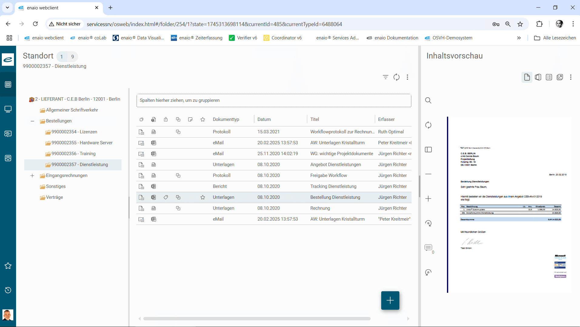 Screenshot of the business partner file structure in enaio®