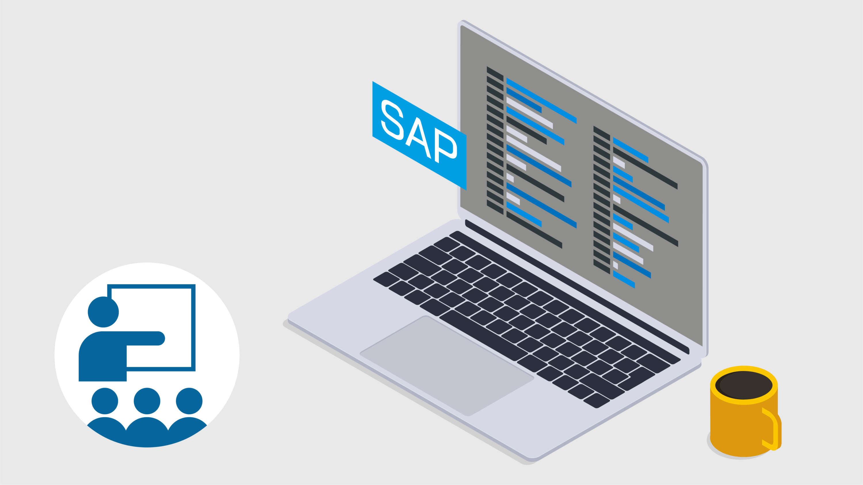 Ein Laptop mit „SAP“-Code, daneben eine gelbe Kaffeetasse und links ein Klassenraumsymbol für den Lehrer.