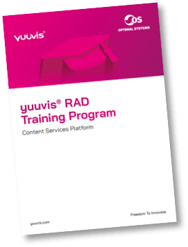 Pink and white brochure: "yuvis RAD Training Program Content Services Platform" with graduation cap, yuvis and OPTIMAL SYSTEMS logos, and "Freedom To Innovate" at bottom.