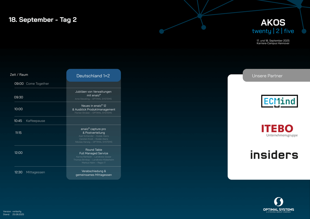 Tagesordnung für Tag 2 am 18. September: Sitzungen links, ECMind, ITEBO, Insider-Logos rechts, blauer Hintergrund.