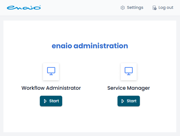 Enaio-Administrationsoberfläche mit Workflow-Administrator- und Service-Manager-Optionen, jeweils mit Computersymbol, Start-Schaltfläche, Einstellungen und Abmeldung oben rechts.