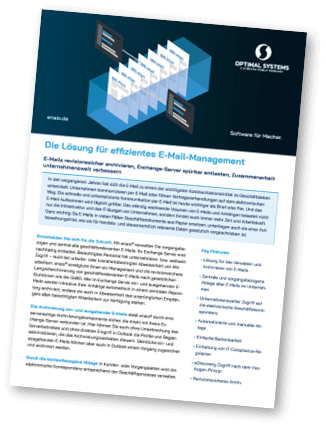 Blau-weiße deutsche Broschüre über effizientes E-Mail-Management, oben: E-Mails, die zwischen Servern verschoben werden, und das OPTIMAL SYSTEMS-Logo.