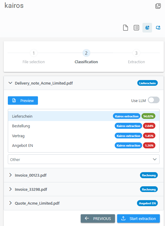 A software interface shows PDF classification with colored percentage bars and category options, plus navigation/action buttons below.