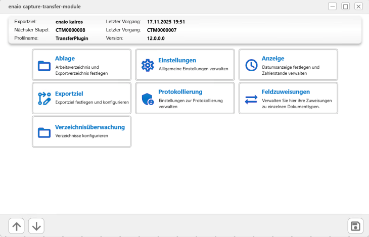 The enaio capture-transfer-module interface displaying export, configuration, logging, and settings in one grid; status and version information is shown at the top.