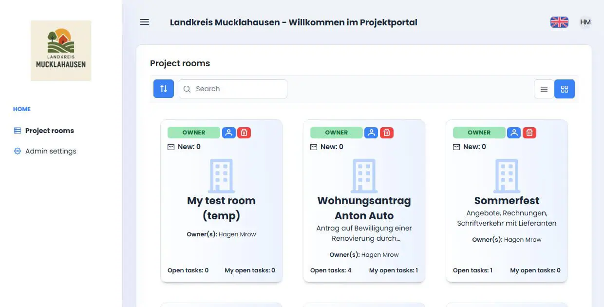 Project portal for the district of Mucklhausen with three project rooms showing title, owner, status, and a menu in the left sidebar.