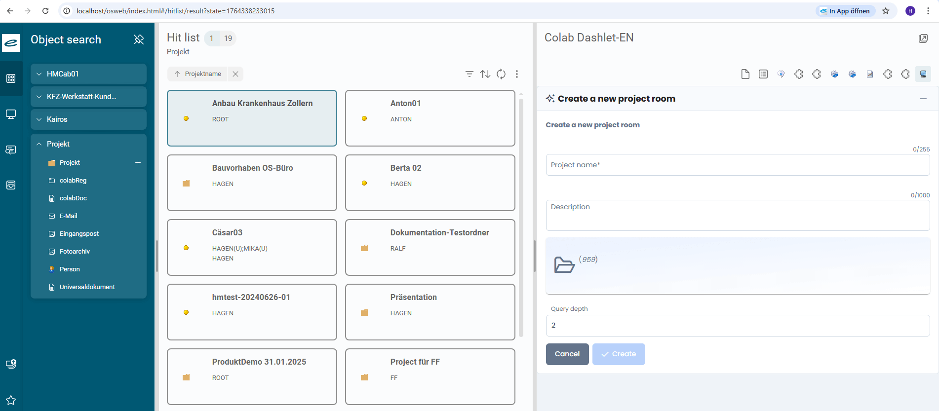 Project management app with object search on the left, project rooms in the middle, and the “Create new project room” form on the right.